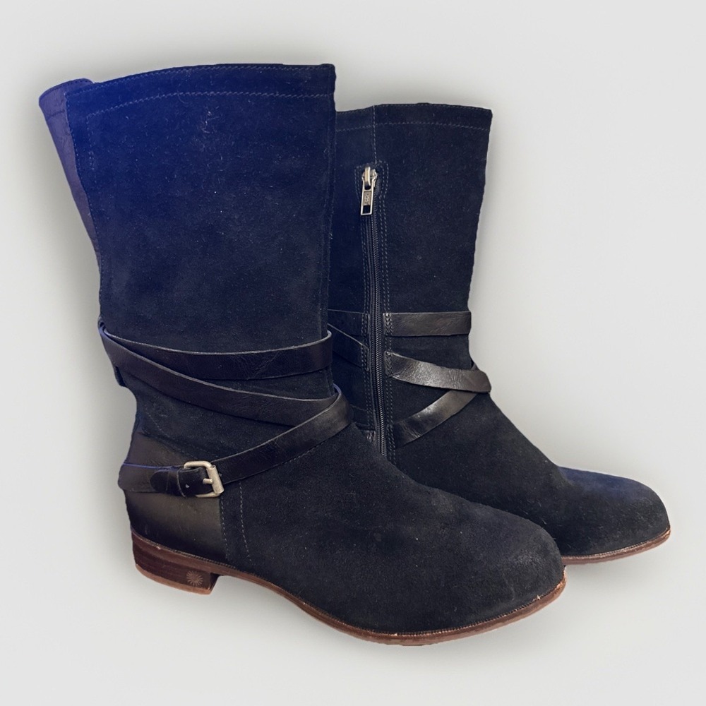 UGG Deanna Boots Women's 8.5 Black Suede Leather Shearling Buckle Mid Riding Zip